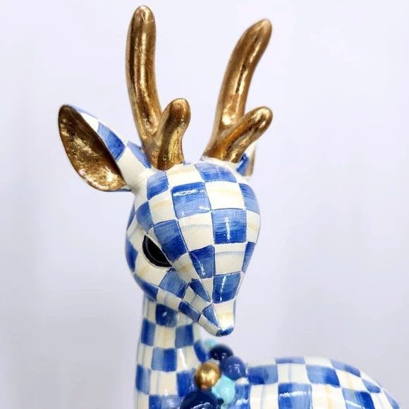 Mackenzie-Childs Royal Check Deary Deer on Ornament - Gold Antlers Holiday 16" - Picture 4 of 16